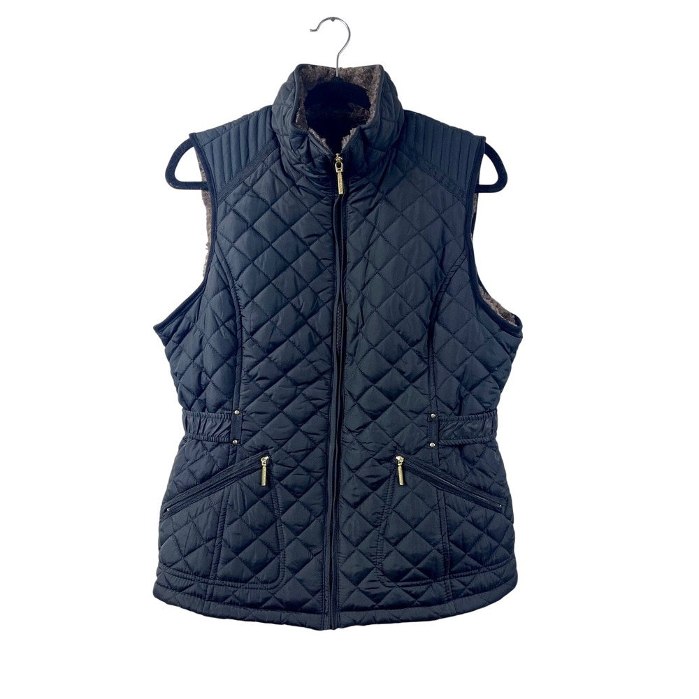 Weatherproof Black Quilted Faux Fur Lined Puffer Vest Women's Medium Full Zip